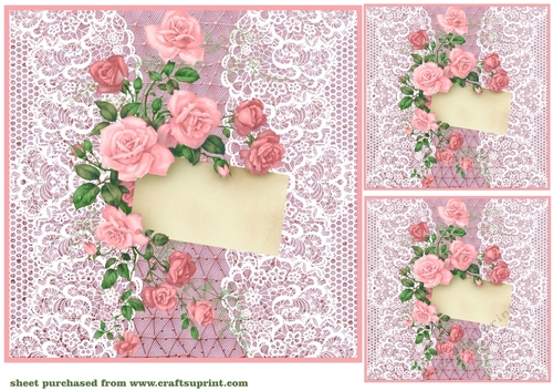 3 Pink lace rose notelet card front/toppers 1