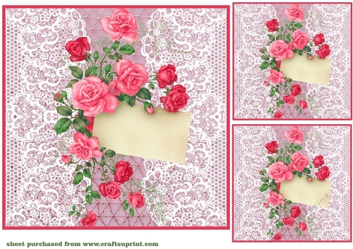 3 Pink lace rose notelet card front/toppers 2