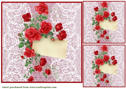 3 Red lace rose notelet card front/toppers 
