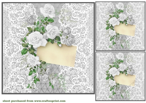 3 White lace rose notelet card front/toppers 