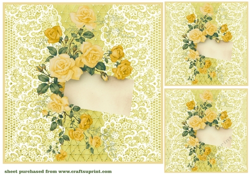 3 Yellow lace rose notelet card front/toppers 