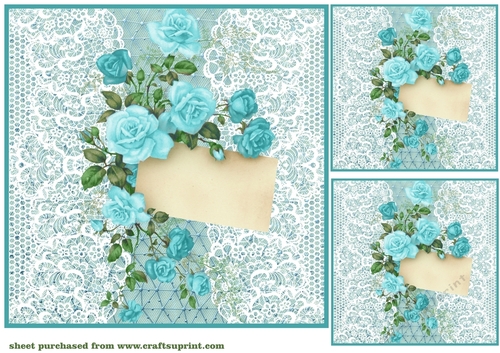 3 Aqua lace rose notelet card front/toppers 