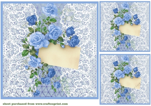 3 Blue lace rose notelet card front/toppers 