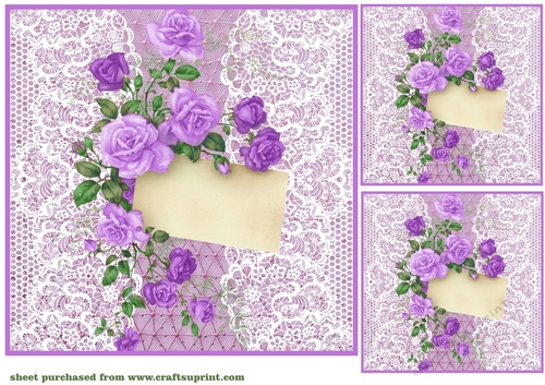 3 Lilac lace rose notelet card front/toppers 