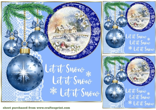 3 Blue vintage Christmas scene card front/toppers 1