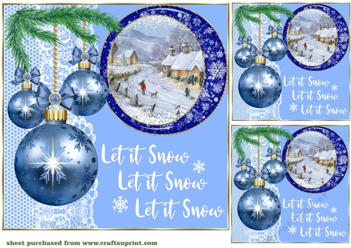 3 Blue vintage Christmas scene card front/toppers 4
