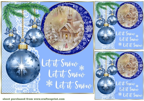 3 Blue vintage Christmas scene card front/toppers 6