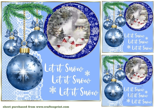 3 Blue vintage Christmas scene card front/toppers 7