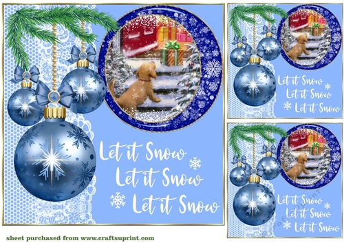 3 Blue vintage Christmas scene card front/toppers 9