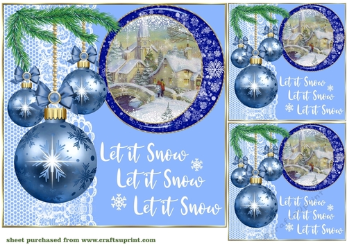3 Blue vintage Christmas scene card front/toppers 10
