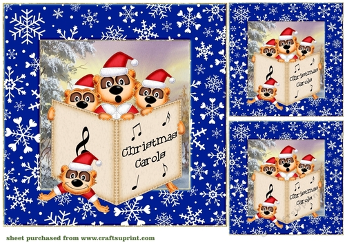 3 Blue meerkat caroler card front/toppers