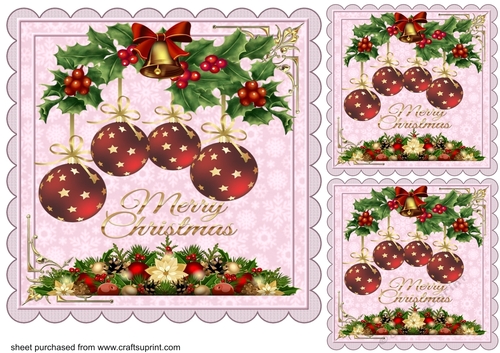 3 Merry Christmas floral baubles card front/toppers