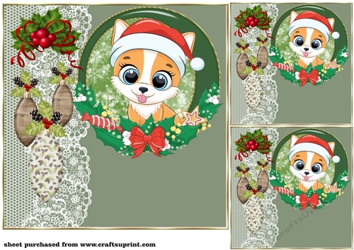 3 Green Christmas animal card front/toppers 2
