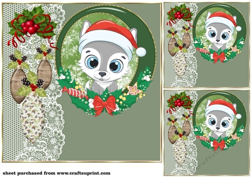 3 Green Christmas animal card front/toppers 3