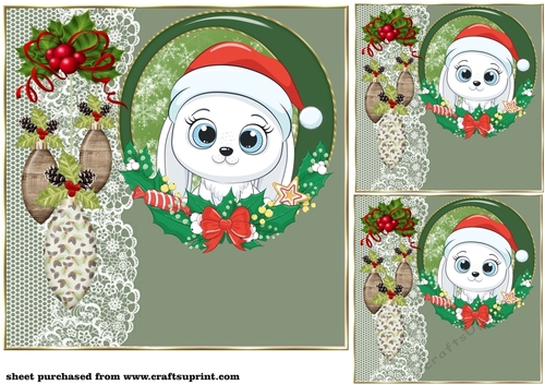3 Green Christmas animal card front/toppers 7