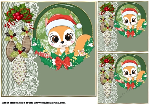 3 Green Christmas animal card front/toppers 8
