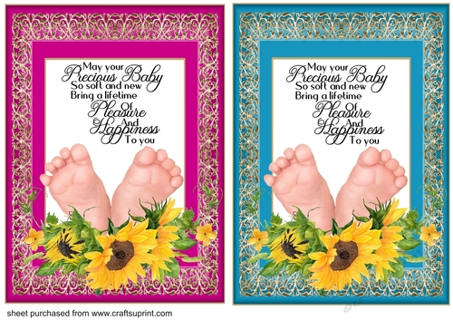 Pink and blue sunflower baby card front(with verse) 2