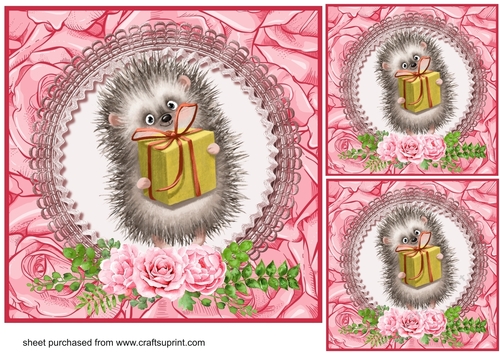 3 Pink rose hedgehog card front/toppers