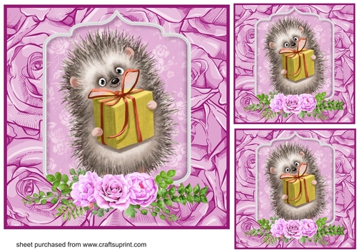 3 Purple rose hedgehog card front/toppers