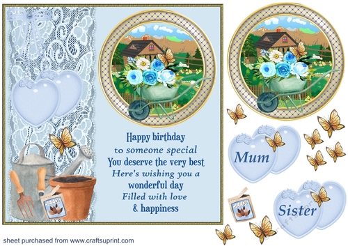 Blue gardening Birthday card front