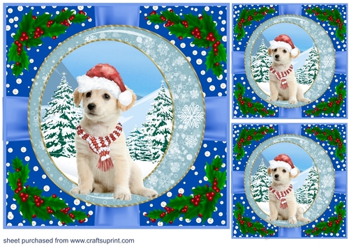 3 Blue Christmas pup with holly corners card front/topper 1