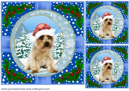 3 Blue Christmas pup with holly corners card front/topper 2