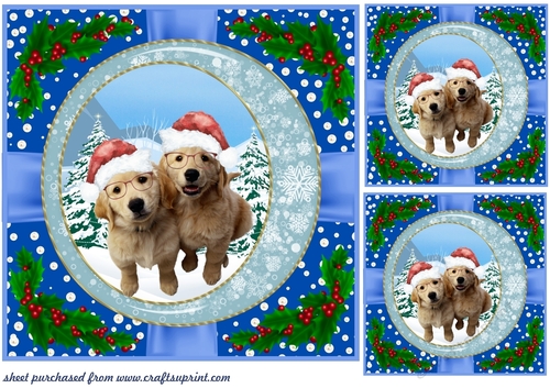 3 Blue Christmas pup with holly corners card front/topper 3