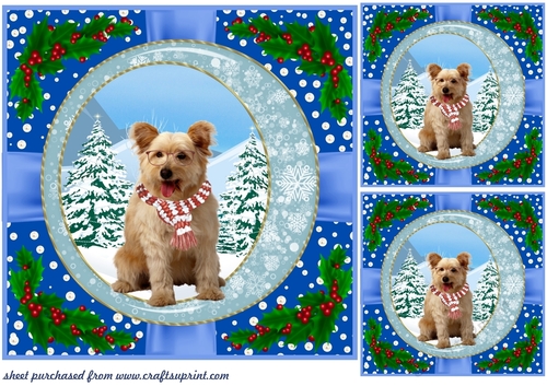 3 Blue Christmas pup with holly corners card front/topper 4