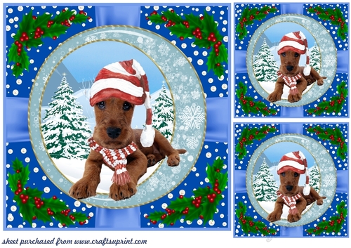 3 Blue Christmas pup with holly corners card front/topper 5