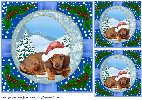 3 Blue Christmas pup with holly corners card front/topper 6