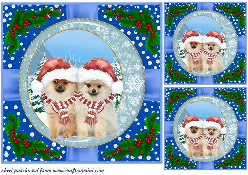 3 Blue Christmas pup with holly corners card front/topper 8