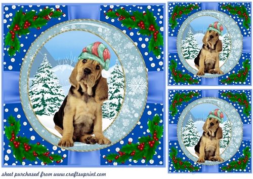 3 Blue Christmas pup with holly corners card front/topper 9