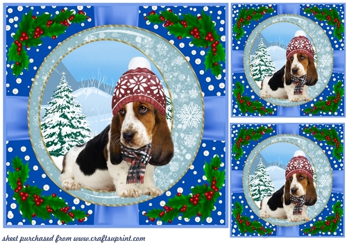 3 Blue Christmas pup with holly corners card front/topper 10