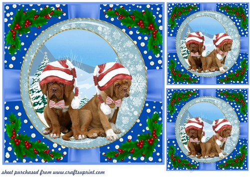 3 Blue Christmas pup with holly corners card front/topper 11