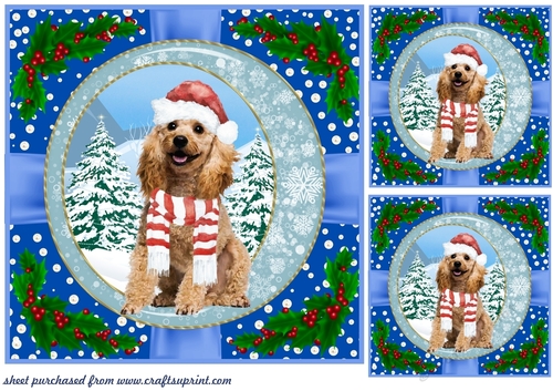 3 Blue Christmas pup with holly corners card front/topper 12