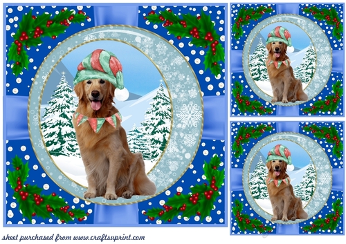 3 Blue Christmas pup with holly corners card front/topper 13