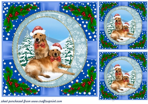 3 Blue Christmas pup with holly corners card front/topper 14