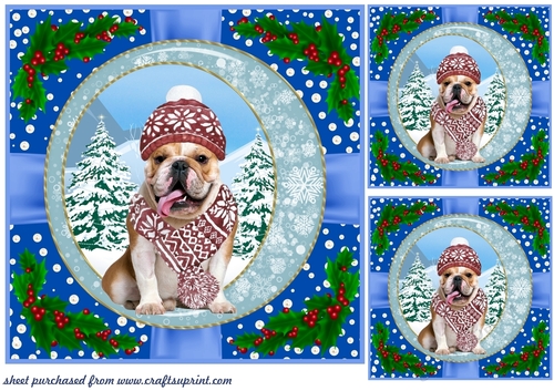 3 Blue Christmas pup with holly corners card front/topper 15