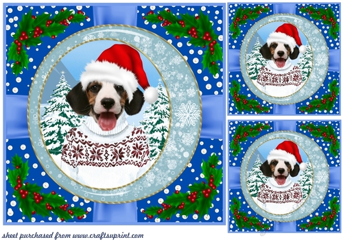 3 Blue Christmas pup with holly corners card front/topper 16