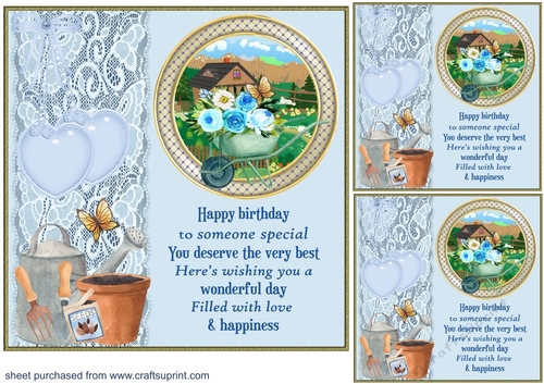 3 Blue Birthday gardening theme card front/toppers