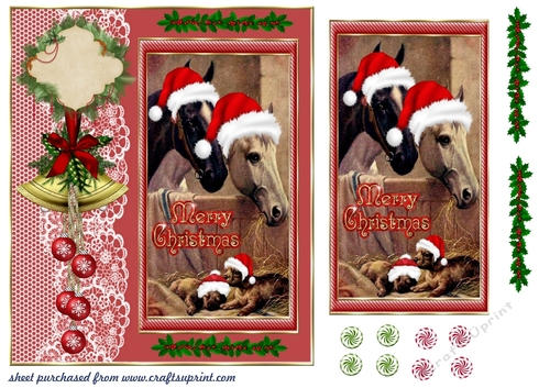 Vintage horses and pups Christmas card front (Merry Christmas)