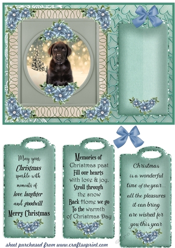 Blue and green Christmas pup card front 1