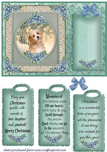 Blue and green Christmas pup card front 3
