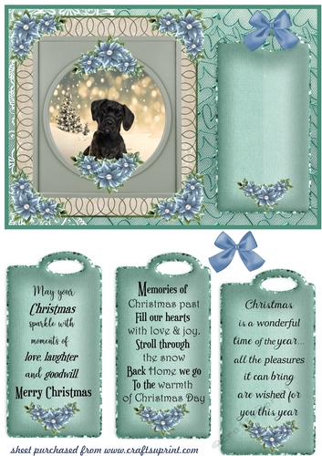Blue and green Christmas pup card front 11
