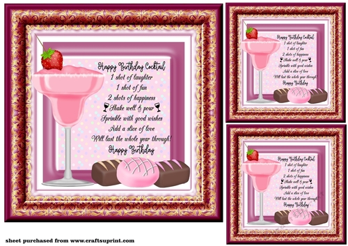 3 Pink Birthday cocktail card front/toppers