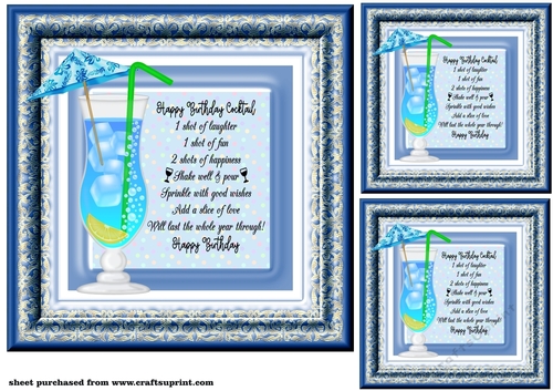 3 Blue Birthday cocktails card front/toppers