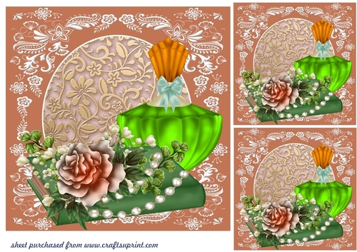 3 Green and orange perfume and pearls card front/toppers