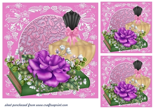 3 Green and purple perfume and pearls card front/toppers
