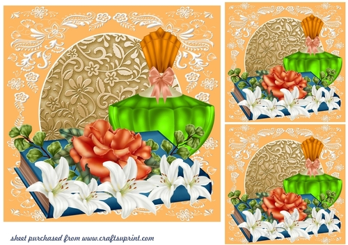 3 Blue and rust perfume and pearls card front/toppers