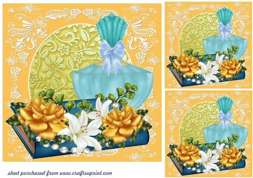 3 Blue and yellow perfume and pearls card front/toppers